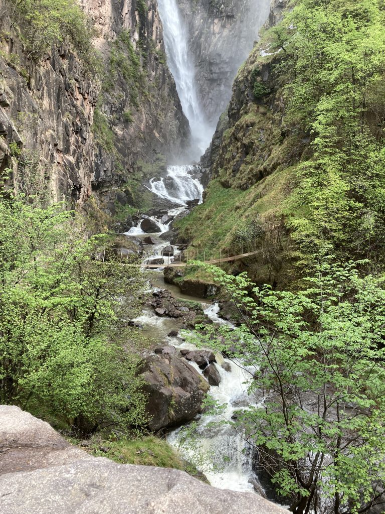 Ein beeindruckender Wasserfall in einer felsigen Schlucht, dessen Wasser in einen darunterliegenden Fluss stürzt. Die Felswände sind von grünen Bäumen und Pflanzen umgeben, die dem Bild einen natürlichen, lebendigen Kontrast verleihen. Der Wasserfall und der Fluss sind von üppiger Vegetation eingerahmt, die dem Szenario eine frische und ruhige Atmosphäre verleiht.
